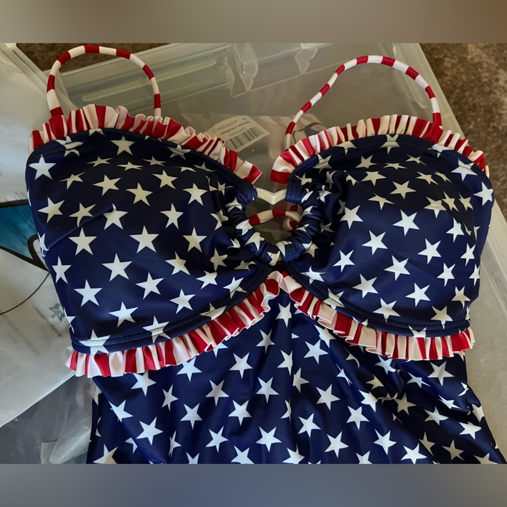 American Flag Stars Stripes Bandeau Ruffle Trim Swimsuit with Removable Straps - Picture 5 of 12